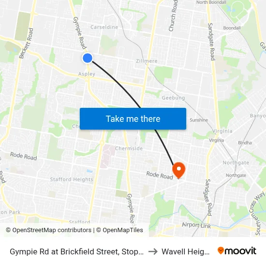 Gympie Rd at Brickfield Street, Stop 45 to Wavell Heights map