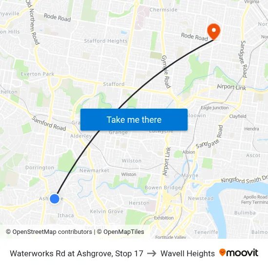 Waterworks Rd at Ashgrove, Stop 17 to Wavell Heights map