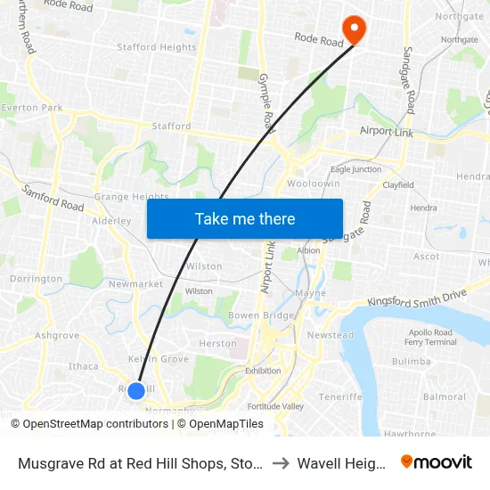 Musgrave Rd at Red Hill Shops, Stop 8 to Wavell Heights map