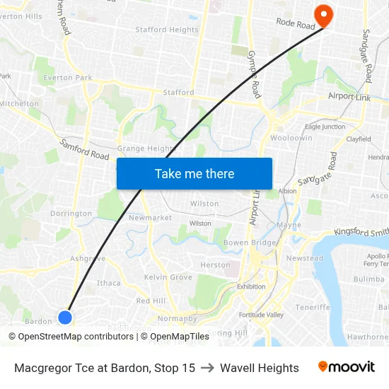 Macgregor Tce at Bardon, Stop 15 to Wavell Heights map