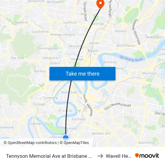 Tennyson Memorial Ave at Brisbane Golf, Stop 36 to Wavell Heights map