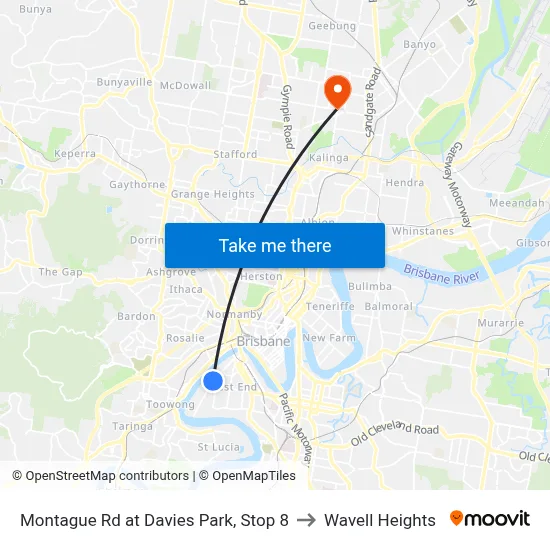 Montague Rd at Davies Park, Stop 8 to Wavell Heights map