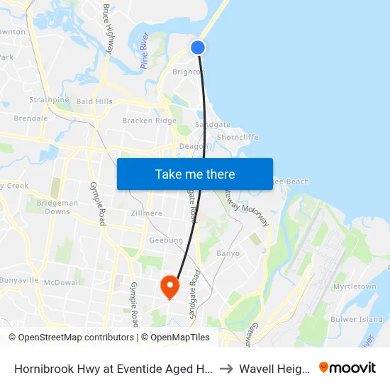 Hornibrook Hwy at Eventide Aged Home to Wavell Heights map