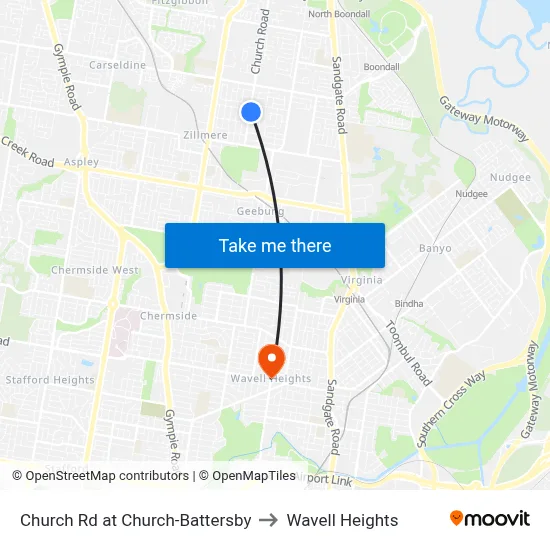 Church Rd at Church-Battersby to Wavell Heights map
