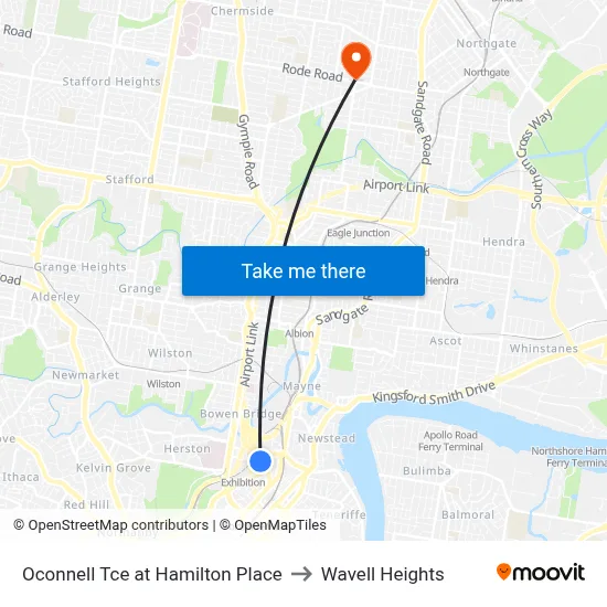 Oconnell Tce at Hamilton Place to Wavell Heights map