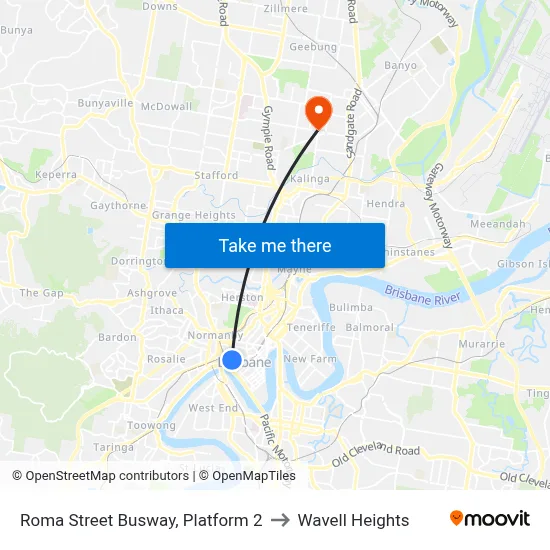 Roma Street Busway, Platform 2 to Wavell Heights map