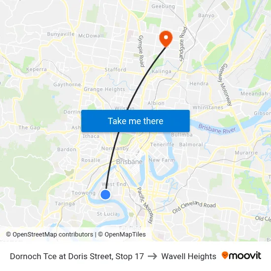 Dornoch Tce at Doris Street, Stop 17 to Wavell Heights map