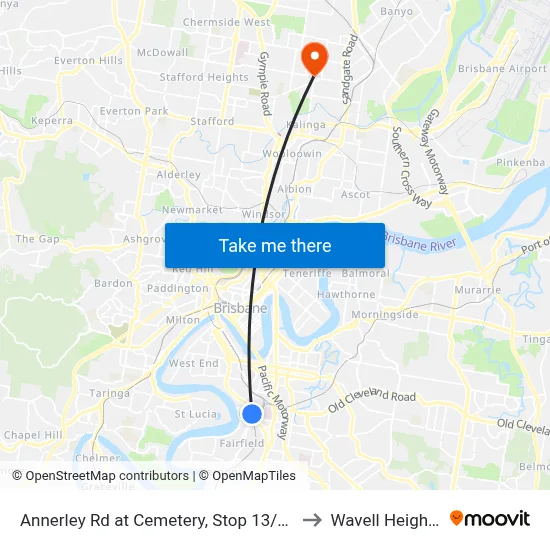 Annerley Rd at Cemetery, Stop 13/18 to Wavell Heights map