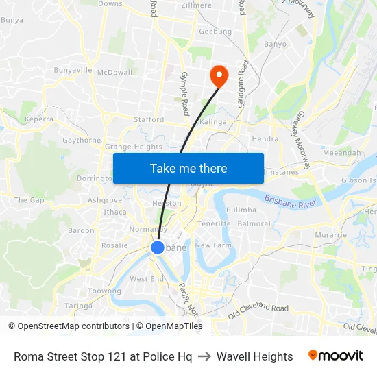 Roma Street Stop 121 at Police Hq to Wavell Heights map