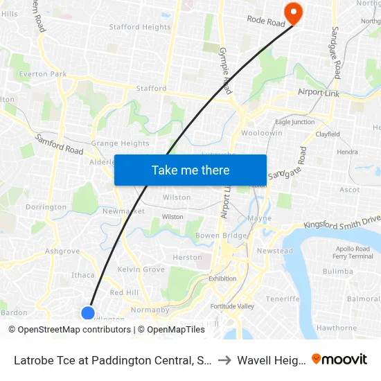 Latrobe Tce at Paddington Central, Stop 10 to Wavell Heights map