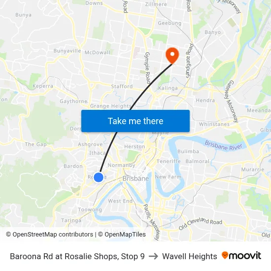 Baroona Rd at Rosalie Shops, Stop 9 to Wavell Heights map