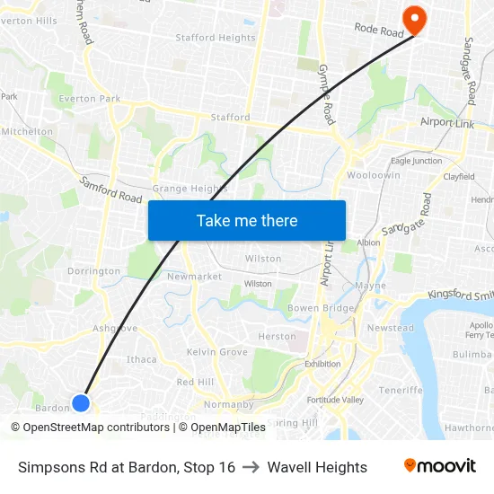 Simpsons Rd at Bardon, Stop 16 to Wavell Heights map