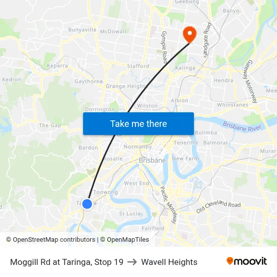 Moggill Rd at Taringa, Stop 19 to Wavell Heights map