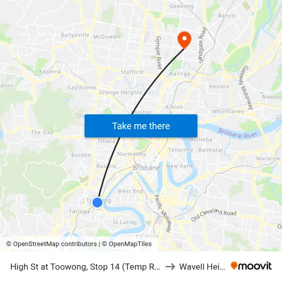High St at Toowong, Stop 14 (Temp Relocation) to Wavell Heights map