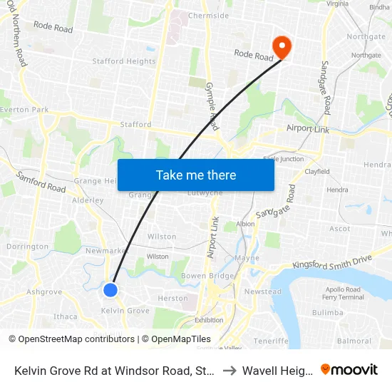 Kelvin Grove Rd at Windsor Road, Stop 16 to Wavell Heights map