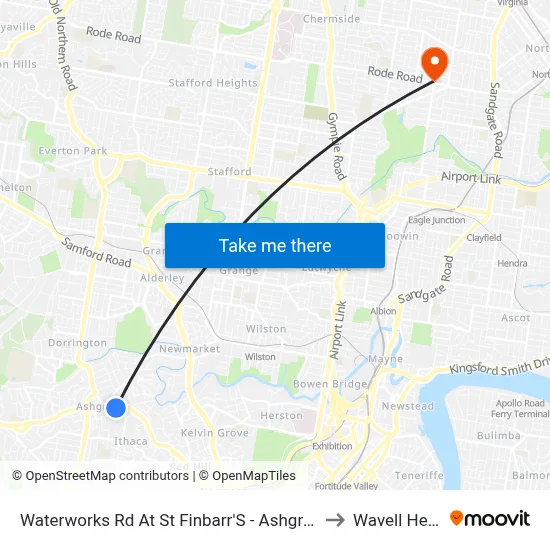 Waterworks Rd At St Finbarr'S - Ashgrove, Stop 16 to Wavell Heights map