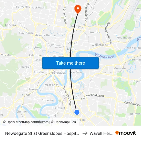 Newdegate St at Greenslopes Hospital, Stop 23 to Wavell Heights map