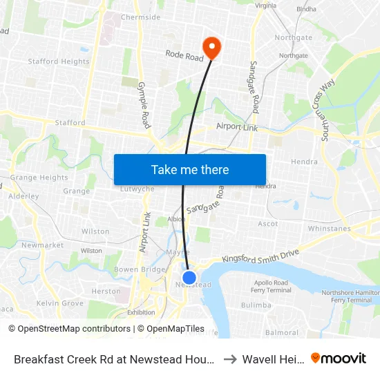Breakfast Creek Rd at Newstead House, Stop 12 to Wavell Heights map