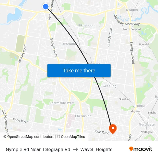 Gympie Rd Near Telegraph Rd to Wavell Heights map
