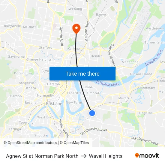 Agnew St at Norman Park North to Wavell Heights map