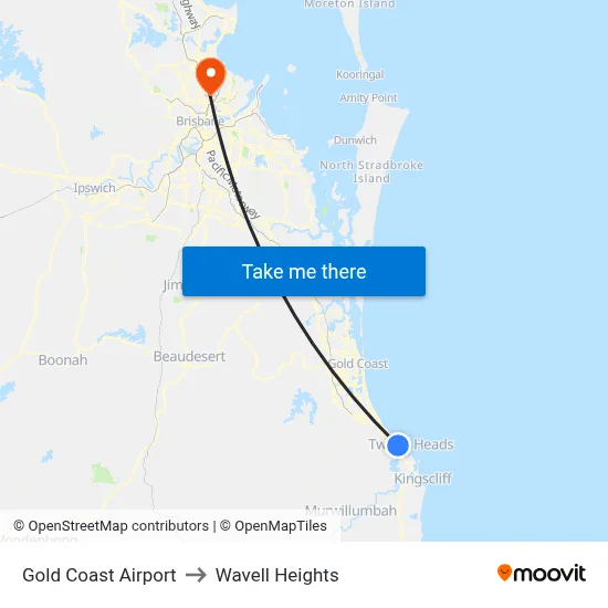 Gold Coast Airport to Wavell Heights map