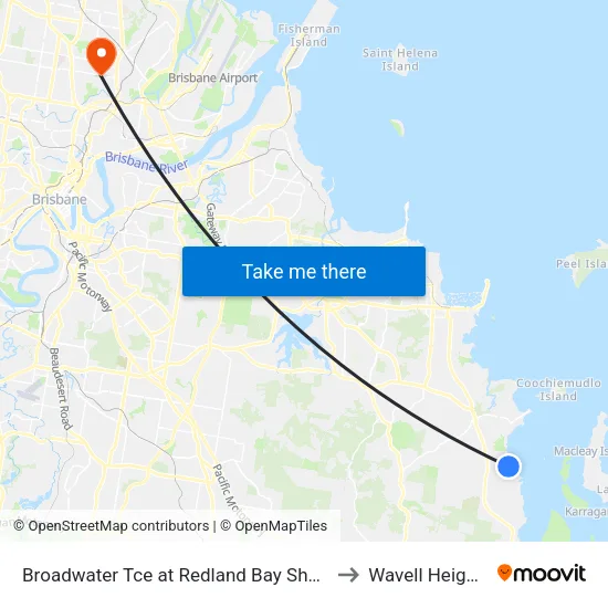 Broadwater Tce at Redland Bay Shops to Wavell Heights map