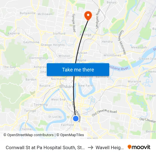 Cornwall St at Pa Hospital South, Stop 1 to Wavell Heights map