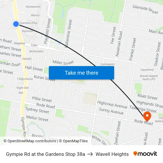Gympie Rd at the Gardens Stop 38a to Wavell Heights map