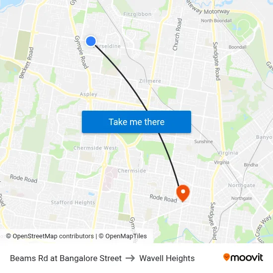 Beams Rd at Bangalore Street to Wavell Heights map