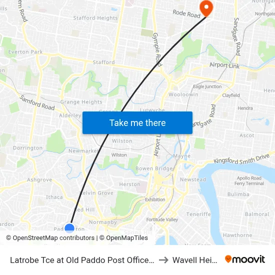 Latrobe Tce at Old Paddo Post Office, Stop 8 to Wavell Heights map