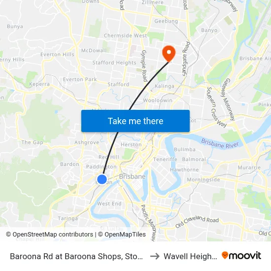 Baroona Rd at Baroona Shops, Stop 7 to Wavell Heights map