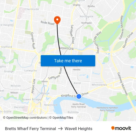 Bretts Wharf Ferry Terminal to Wavell Heights map