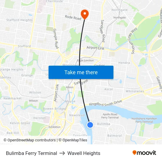 Bulimba Ferry Terminal to Wavell Heights map