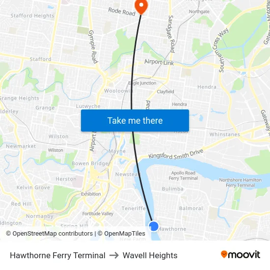Hawthorne Ferry Terminal to Wavell Heights map