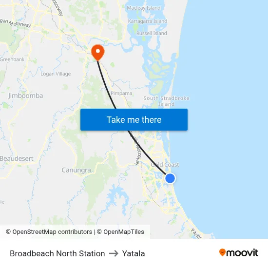 Broadbeach North Station to Yatala map