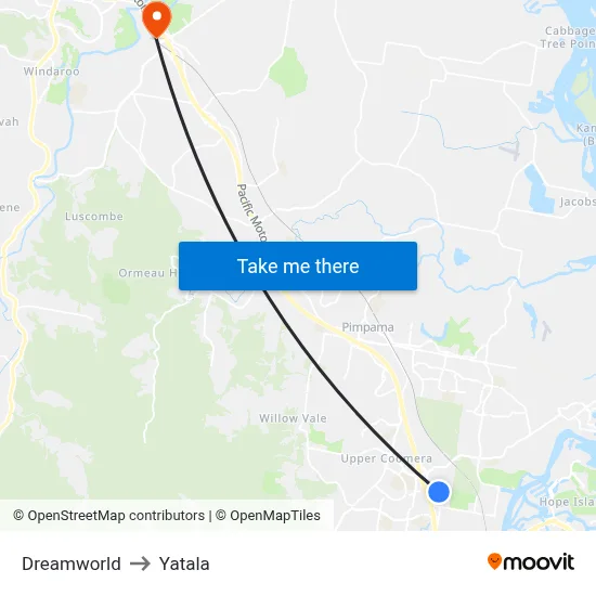 Dreamworld to Yatala map