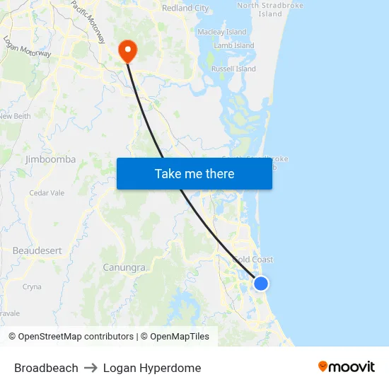 Broadbeach to Logan Hyperdome map
