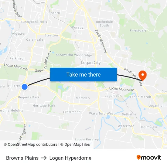 Browns Plains to Logan Hyperdome map
