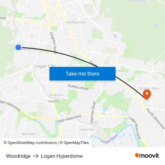 Woodridge to Logan Hyperdome map