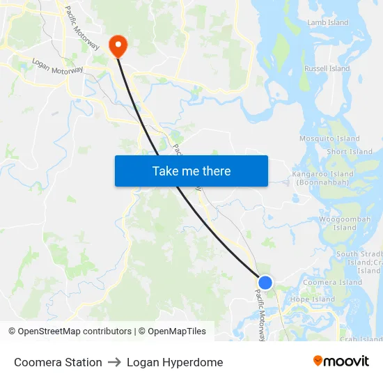 Coomera Station to Logan Hyperdome map