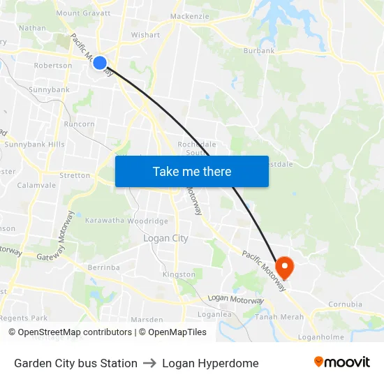 Garden City bus Station to Logan Hyperdome map