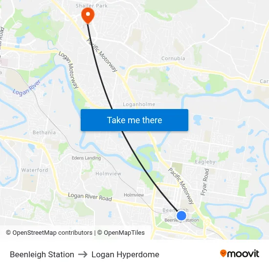 Beenleigh Station to Logan Hyperdome map