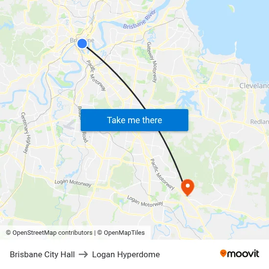 Brisbane City Hall to Logan Hyperdome map