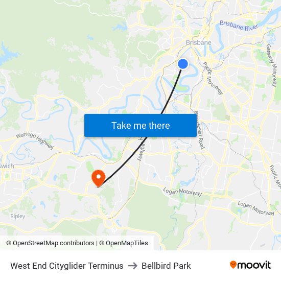 West End Cityglider Terminus to Bellbird Park map