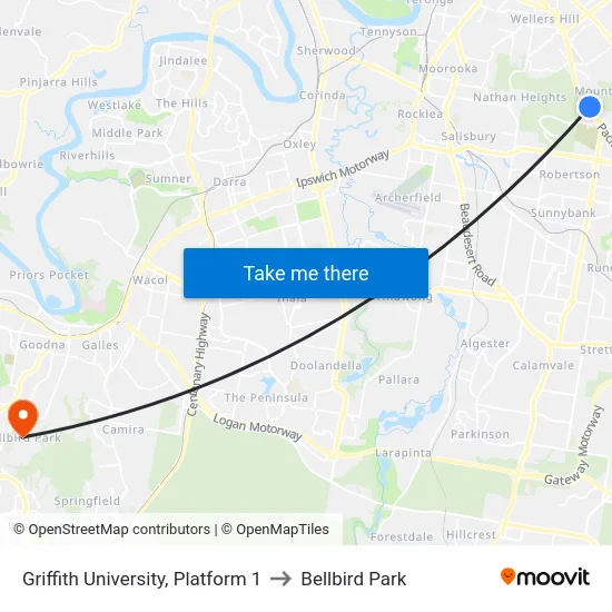 Griffith University, Platform 1 to Bellbird Park map