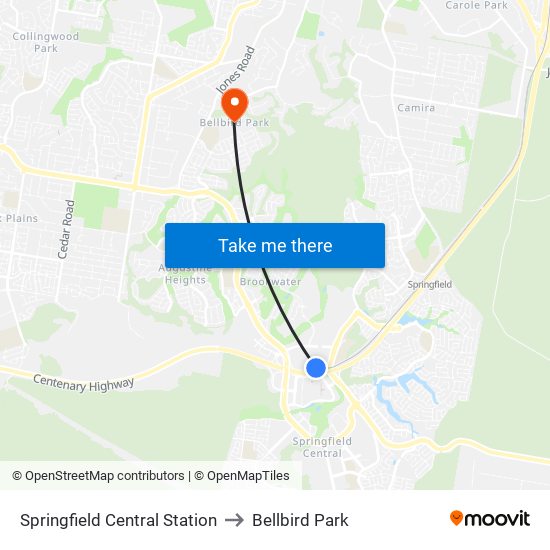 Springfield Central Station to Bellbird Park map