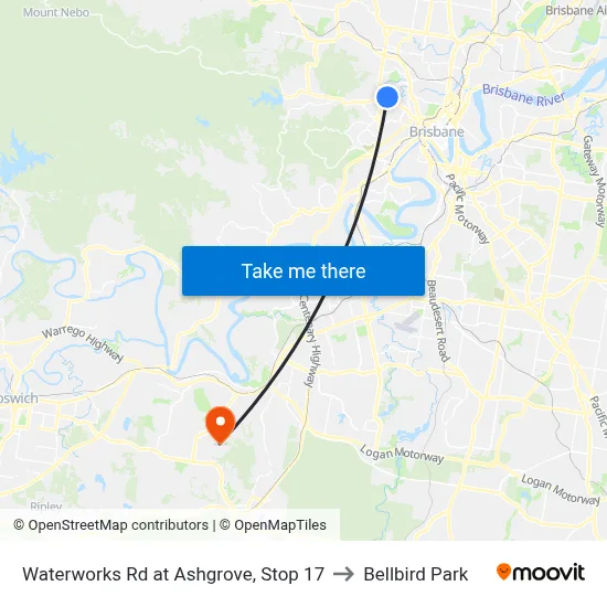 Waterworks Rd at Ashgrove, Stop 17 to Bellbird Park map