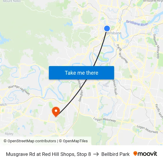 Musgrave Rd at Red Hill Shops, Stop 8 to Bellbird Park map