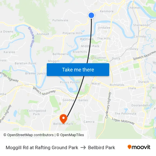 Moggill Rd at Rafting Ground Park to Bellbird Park map