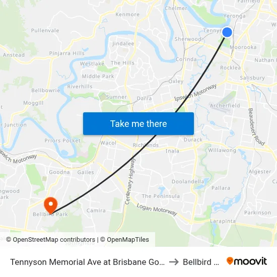 Tennyson Memorial Ave at Brisbane Golf, Stop 36 to Bellbird Park map